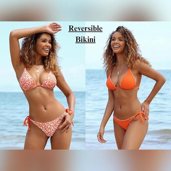 NWT ZAFUL Two Piece Reversible Triangle Floral String Bikini Swimsuit, Size 6 - Picture 2 of 5